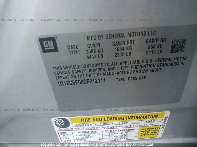 1G1ZC5E06CF212111 - 2012 CHEVROLET MALIBU 1LT ვერცხლისფერი ფოტო 9