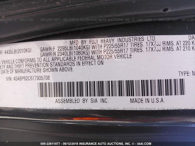 4S4BP62C677305708 - 2007 SUBARU LEGACY OUTBACK 2.5I LIMITED GRAY photo 9