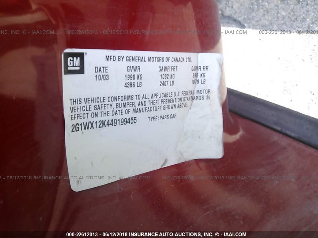 2G1WX12K449199455 - 2004 CHEVROLET MONTE CARLO SS წითელი ფოტო 9