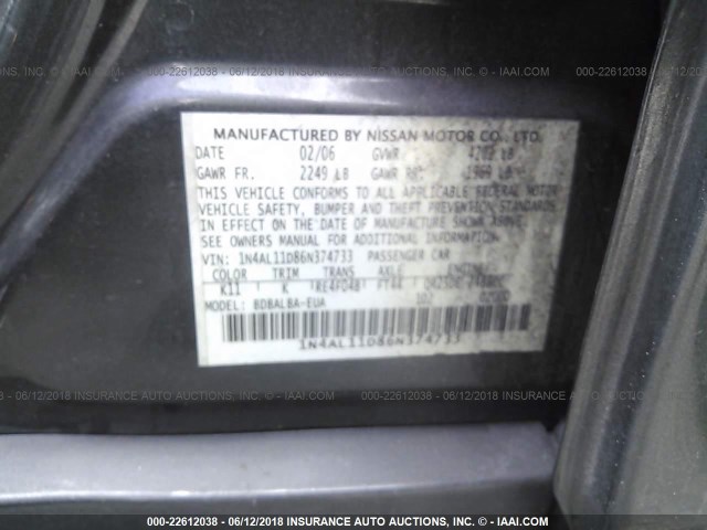 1N4AL11D86N374733 - 2006 NISSAN ALTIMA S/SL GRAY photo 9