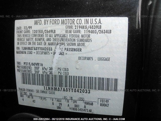 1LNHM87A8YY842033 - 2000 LINCOLN LS BLACK photo 9