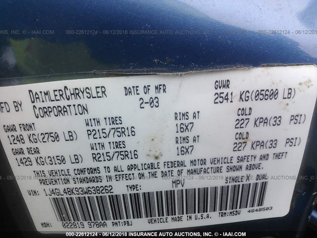 1J4GL48K93W638262 - 2003 JEEP LIBERTY SPORT/FREEDOM ლურჯი ფოტო 9