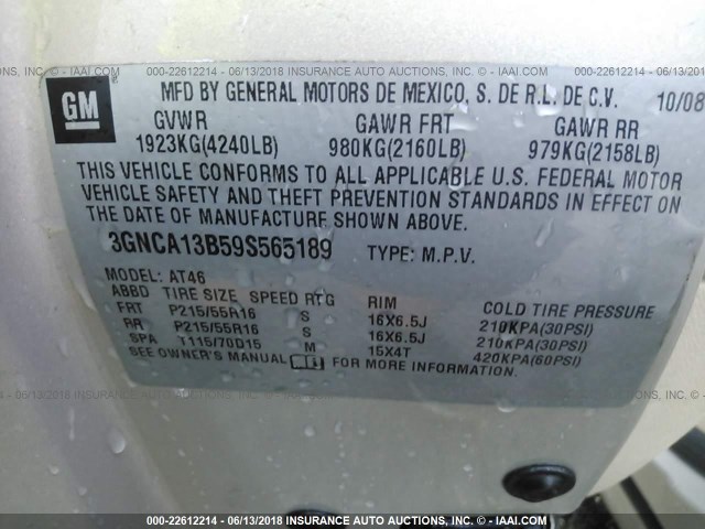 3GNCA13B59S565189 - 2009 CHEVROLET HHR LS GOLD photo 9