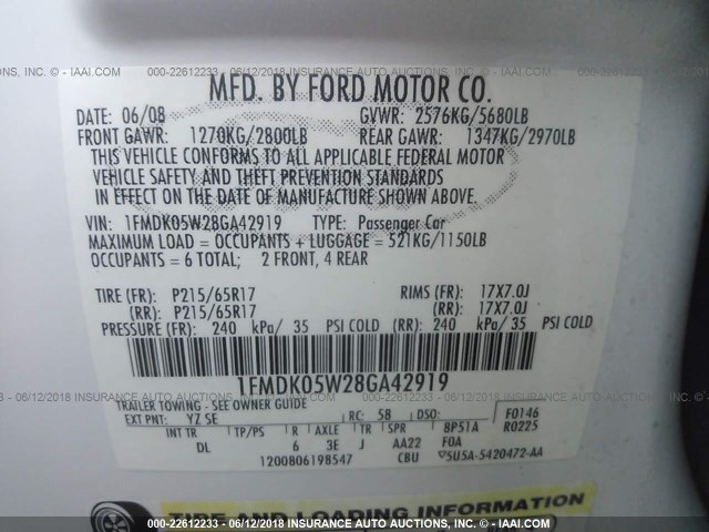 1FMDK05W28GA42919 - 2008 FORD TAURUS X SEL WHITE photo 9