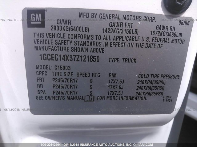 1GCEC14X37Z121850 - 2007 CHEVROLET SILVERADO C1500 CLASSIC WHITE photo 9