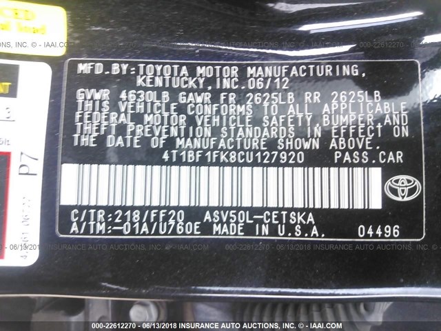 4T1BF1FK8CU127920 - 2012 TOYOTA CAMRY SE/LE/XLE BLACK photo 9