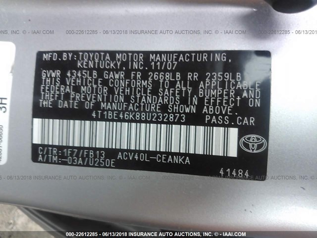 4T1BE46K88U232873 - 2008 TOYOTA CAMRY CE/LE/XLE/SE SILVER photo 9