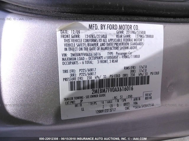 2MEBM7FV0AX616016 - 2010 MERCURY GRAND MARQUIS LS SILVER photo 9