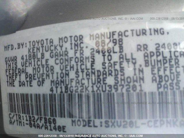 4T1BG22K1XU397201 - 1999 TOYOTA CAMRY CE/LE/XLE 米色 照片 9