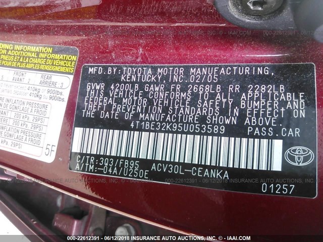 4T1BE32K95U053589 - 2005 TOYOTA CAMRY LE/XLE/SE წითელი ფოტო 9