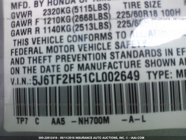 5J6TF2H51CL002649 - 2012 HONDA CROSSTOUR EXL SILVER photo 9