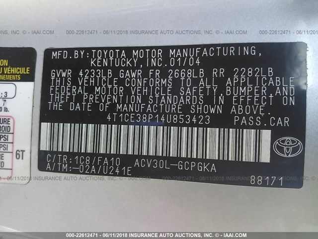 4T1CE38P14U853423 - 2004 TOYOTA CAMRY SOLARA SE/SLE Gümüş foto 9