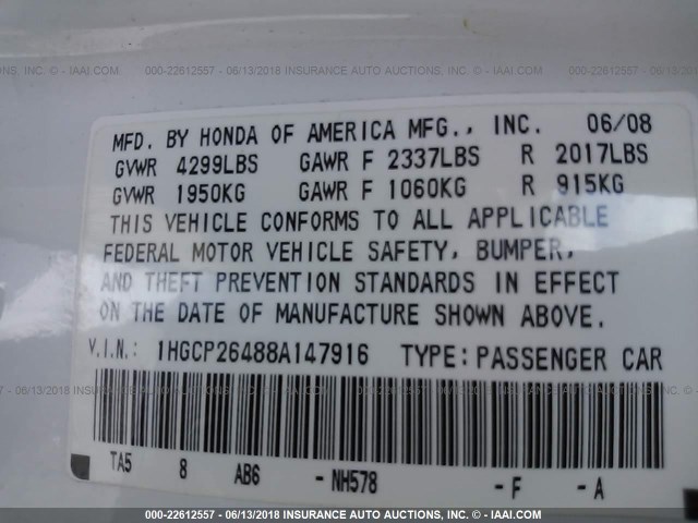 1HGCP26488A147916 - 2008 HONDA ACCORD LXP WHITE photo 9