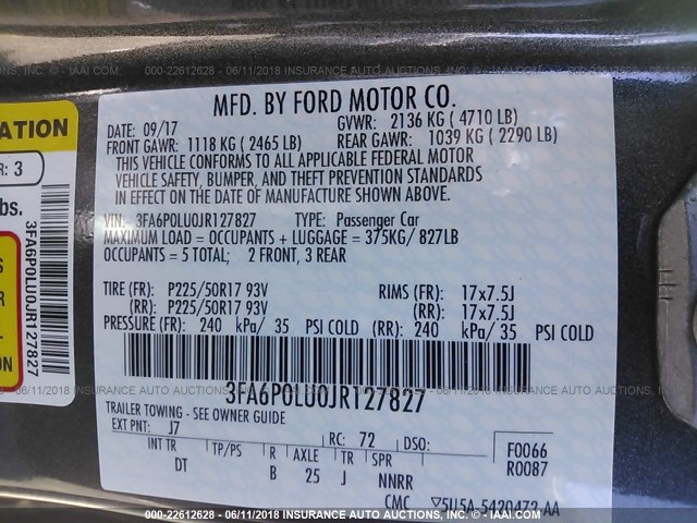 3FA6P0LU0JR127827 - 2018 FORD FUSION SE HYBRID GRAY photo 9