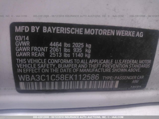 WBA3C1C58EK112586 - 2014 BMW 328 I SULEV WHITE photo 9