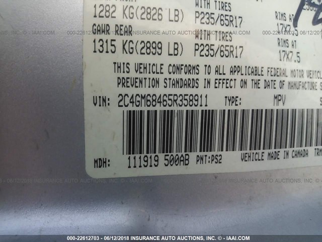 2C4GM68465R358911 - 2005 CHRYSLER PACIFICA TOURING SILVER photo 9