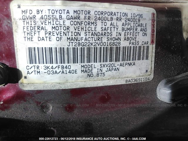 JT2BG22K2V0016828 - 1997 TOYOTA CAMRY LE/XLE RED photo 9