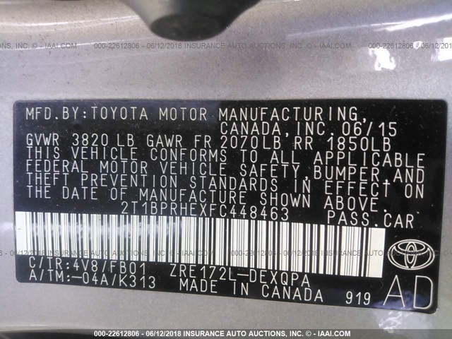 2T1BPRHEXFC448463 - 2015 TOYOTA COROLLA ECO/ECO PLUS/ECO PREMIUM GRAY photo 9