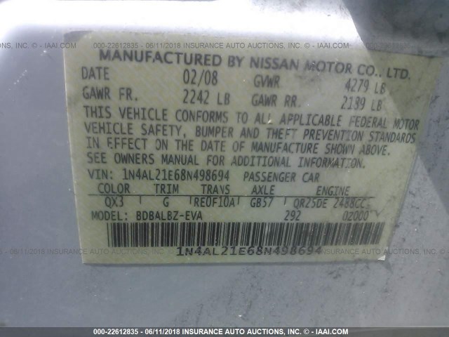 1N4AL21E68N498694 - 2008 NISSAN ALTIMA 2.5/2.5S WHITE photo 9