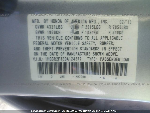 1HGCR2F53DA124377 - 2013 HONDA ACCORD SPORT 银色 照片 9