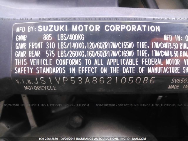 JS1VP53A862105086 - 2006 SUZUKI SV650 RED photo 10