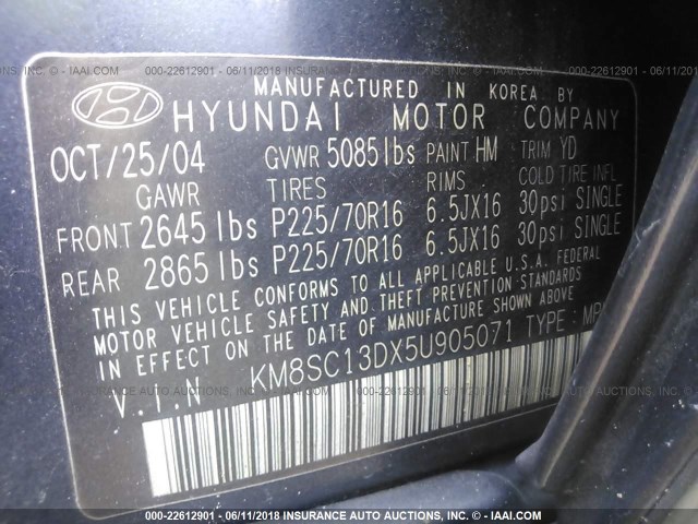 KM8SC13DX5U905071 - 2005 HYUNDAI SANTA FE GLS/LX BLUE photo 9