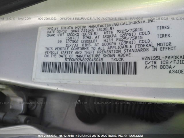 5TEGN92N82Z046045 - 2002 TOYOTA TACOMA DOUBLE CAB PRERUNNER SILVER photo 9