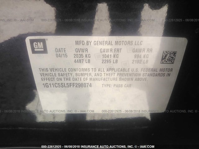 1G11C5SL5FF298074 - 2015 CHEVROLET MALIBU 1LT 黑色 照片 9