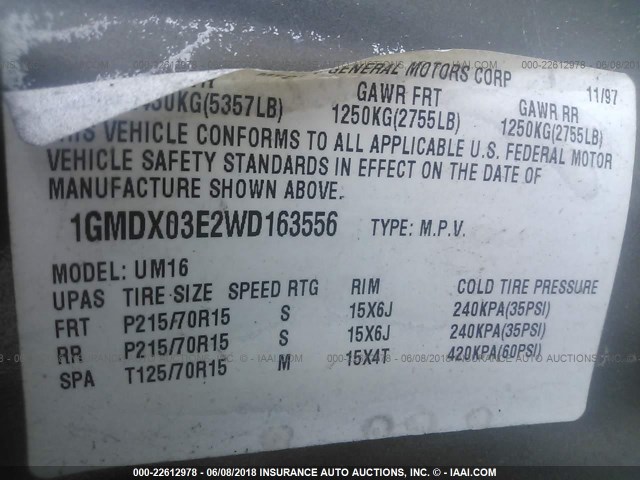 1GMDX03E2WD163556 - 1998 PONTIAC TRANS SPORT  GRAY photo 9