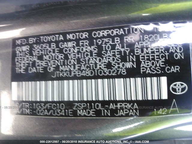 JTKKUPB48D1030278 - 2013 TOYOTA SCION XD GRAY photo 9