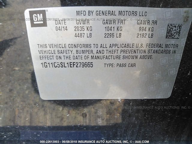 1G11C5SL1EF279665 - 2014 CHEVROLET MALIBU 1LT BLACK photo 9