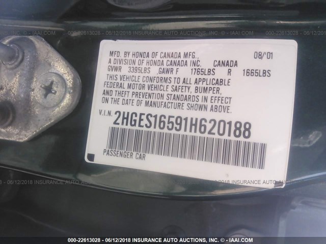 2HGES16591H620188 - 2001 HONDA CIVIC LX GREEN photo 9