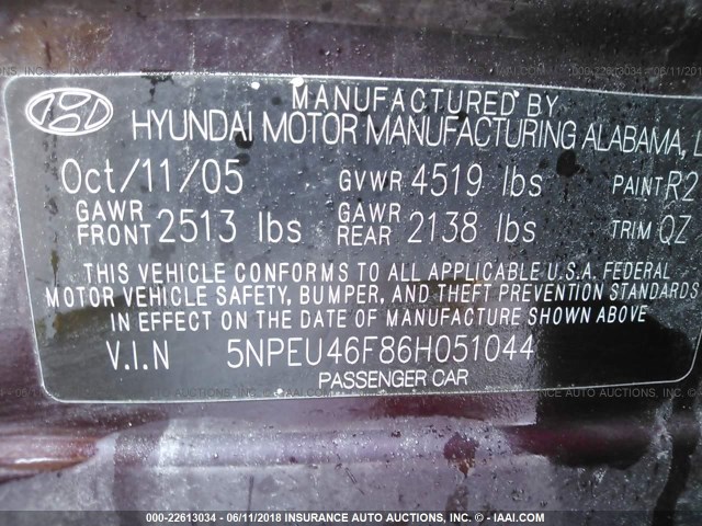 5NPEU46F86H051044 - 2006 HYUNDAI SONATA GLS/LX BURGUNDY photo 9