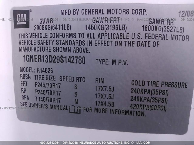 1GNER13D29S142780 - 2009 CHEVROLET TRAVERSE LS WHITE photo 9