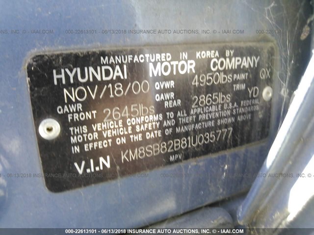 KM8SB82B81U035777 - 2001 HYUNDAI SANTA FE BLUE photo 9