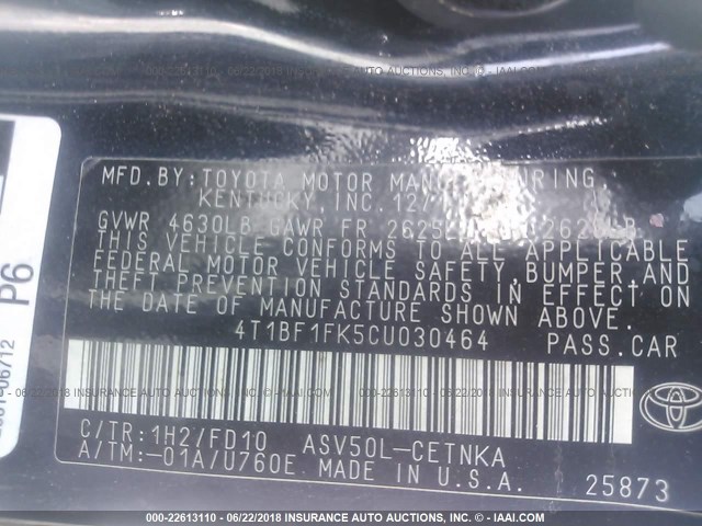 4T1BF1FK5CU030464 - 2012 TOYOTA CAMRY SE/LE/XLE 黑色 照片 9