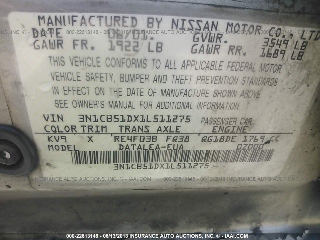 3N1CB51DX1L511275 - 2001 NISSAN SENTRA XE/GXE TAN photo 9