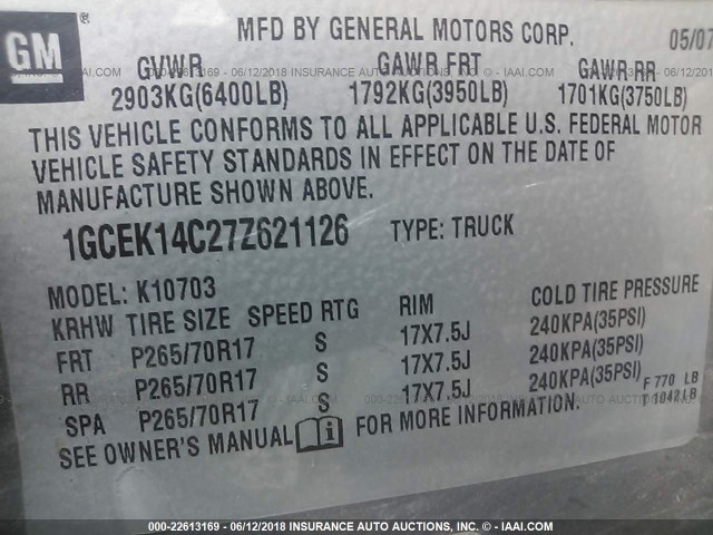 1GCEK14C27Z621126 - 2007 CHEVROLET SILVERADO K1500 GRAY photo 9