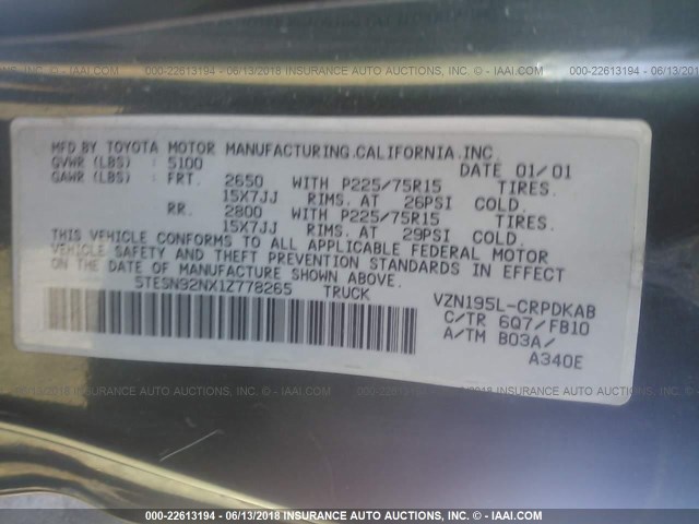 5TESN92NX1Z778265 - 2001 TOYOTA TACOMA XTRACAB PRERUNNER მწვანე ფოტო 9