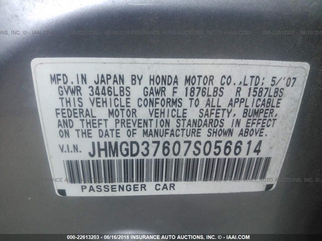 JHMGD37607S056614 - 2007 HONDA FIT S SILVER photo 9