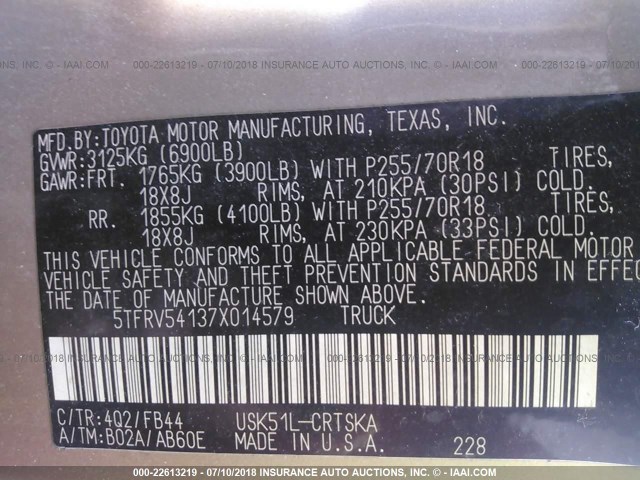 5TFRV54137X014579 - 2007 TOYOTA TUNDRA DOUBLE CAB SR5 BROWN photo 9