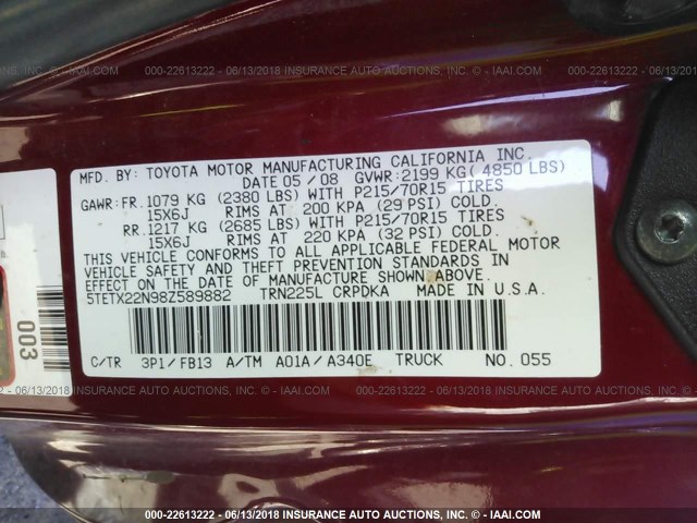 5TETX22N98Z589882 - 2008 TOYOTA TACOMA ACCESS CAB BURGUNDY photo 9