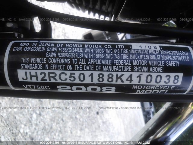 JH2RC50188K410038 - 2008 HONDA VT750 C BLACK photo 10