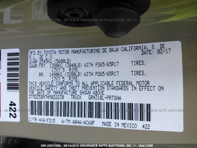 3TMDZ5BN7HM022230 - 2017 TOYOTA TACOMA DBL CAB/SR5/TRD SPORT/OR TAN photo 9