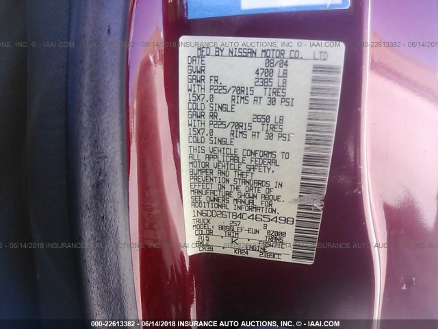 1N6DD26T84C465498 - 2004 NISSAN FRONTIER KING CAB XE RED photo 9