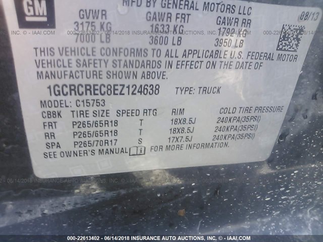 1GCRCREC8EZ124638 - 2014 CHEVROLET SILVERADO C1500 LT GRAY photo 9