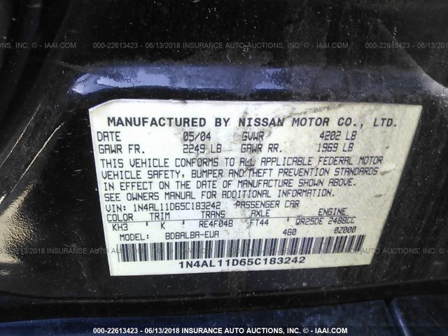 1N4AL11D65C183242 - 2005 NISSAN ALTIMA S/SL BLACK photo 9