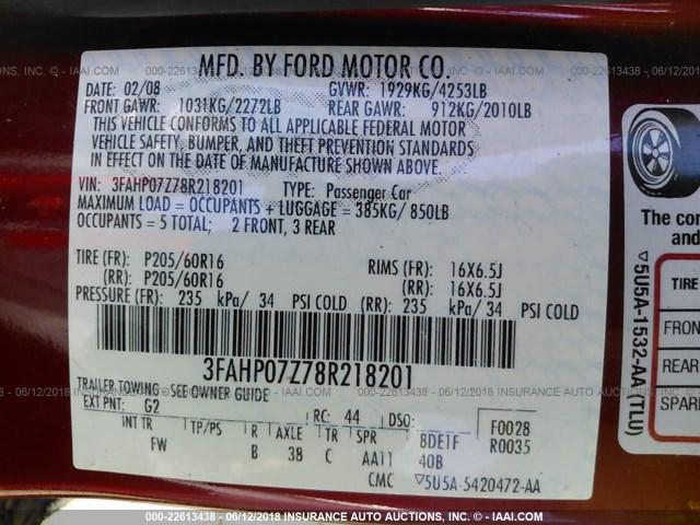 3FAHP07Z78R218201 - 2008 FORD FUSION SE 红色 照片 9