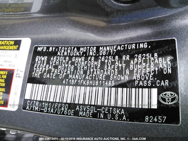 4T1BF1FK8HU811485 - 2017 TOYOTA CAMRY LE/XLE/SE/XSE GRAY photo 9