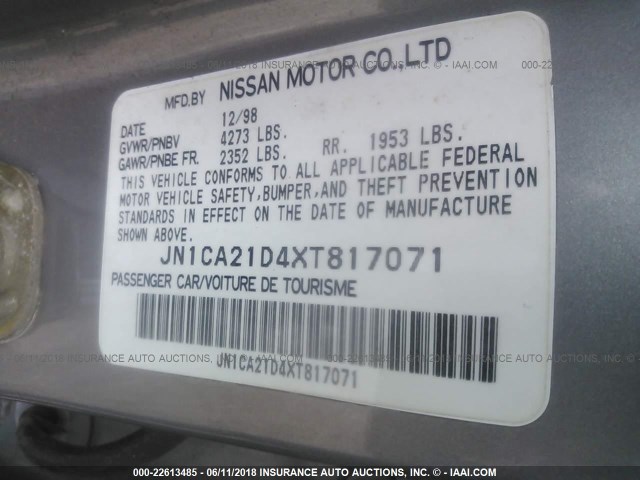 JN1CA21D4XT817071 - 1999 NISSAN MAXIMA GLE/GXE/SE GRAY photo 9